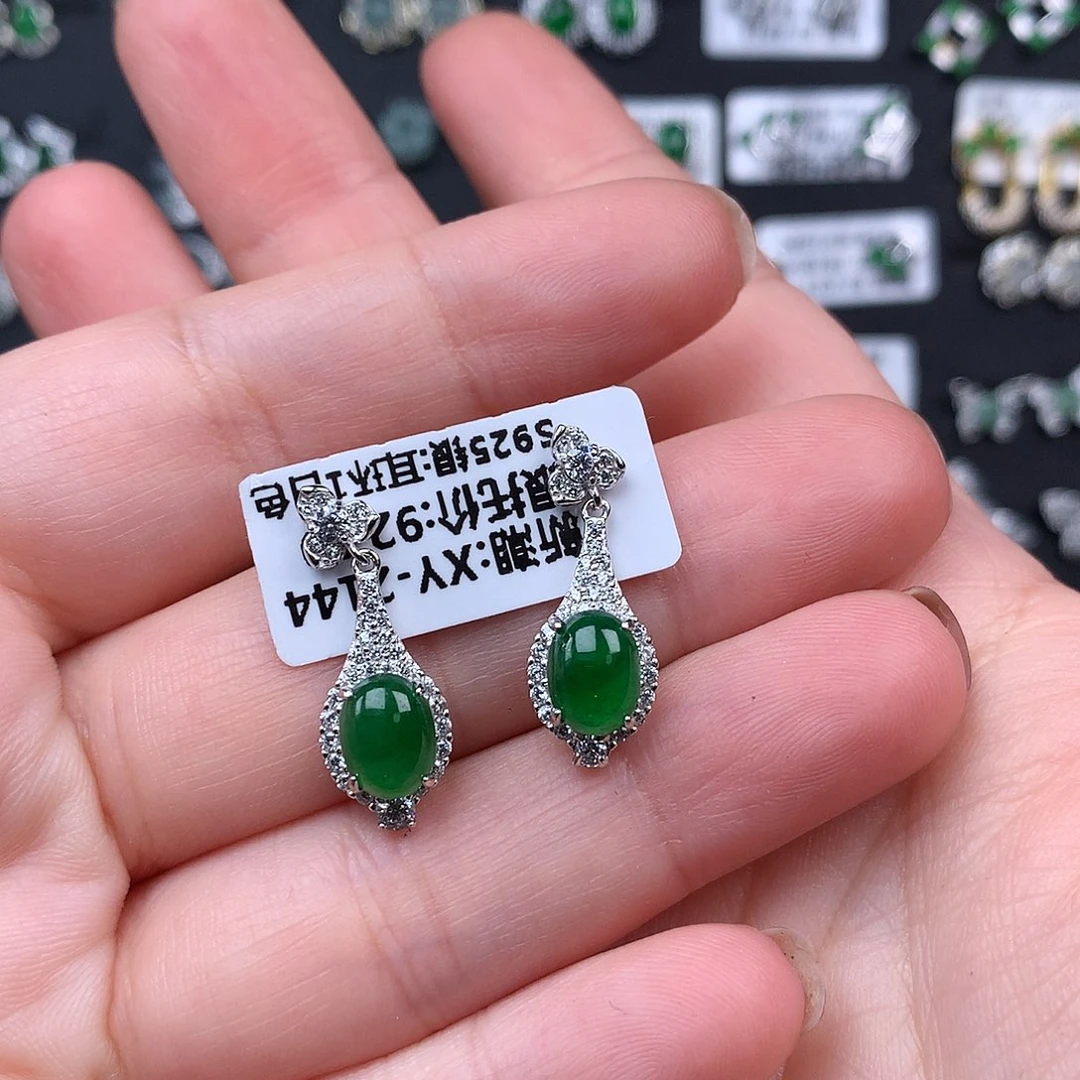花***崽翡翠银S925镶嵌耳饰