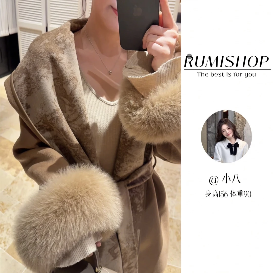 RUMISHOP【黑金报刊】100頂奢澳洲羔羊毛 丛林印花双面呢狐狸毛大衣