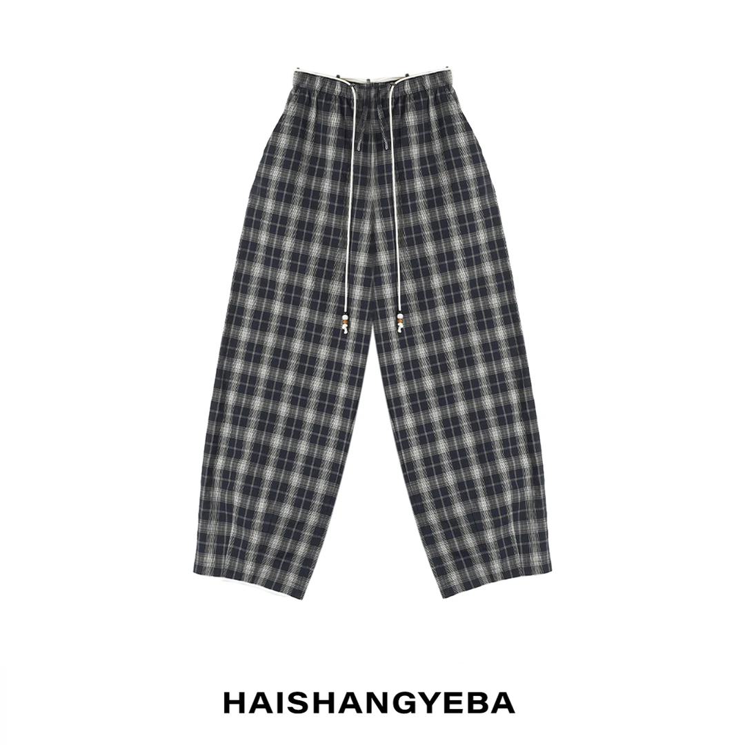 【海上叶爸】新款2025夏季百搭棉松紧腰绳直筒格纹休闲裤