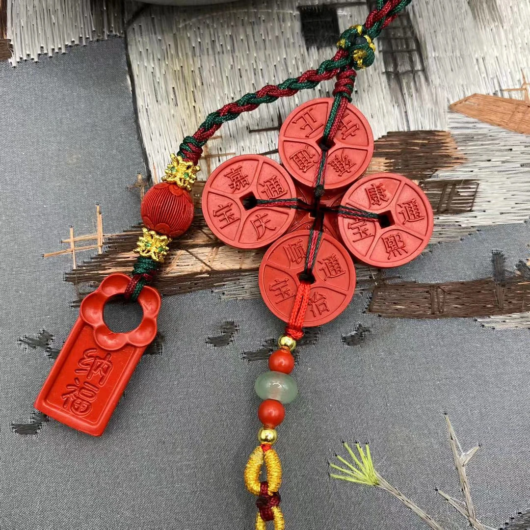 含辰砂工艺品高含量朱砂红砂设计款五帝钱车挂爆款包包挂