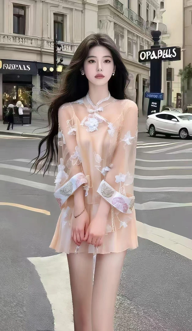 新中式国风气质名媛穿搭橙色长袖立领刺绣上衣+百搭半身裙两件套