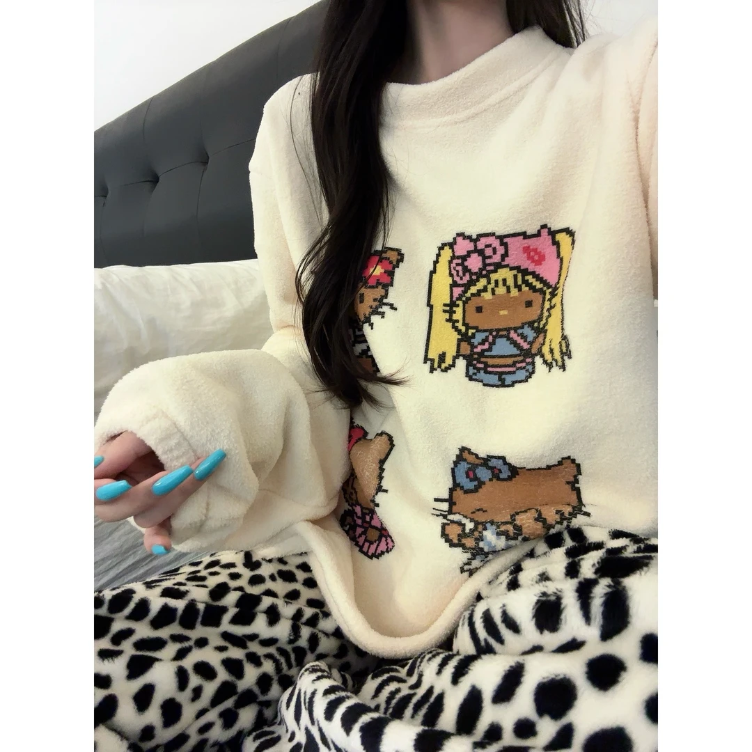 甜美可爱kitty珊瑚绒睡衣女秋冬季新款加绒保暖家居服套装可外穿