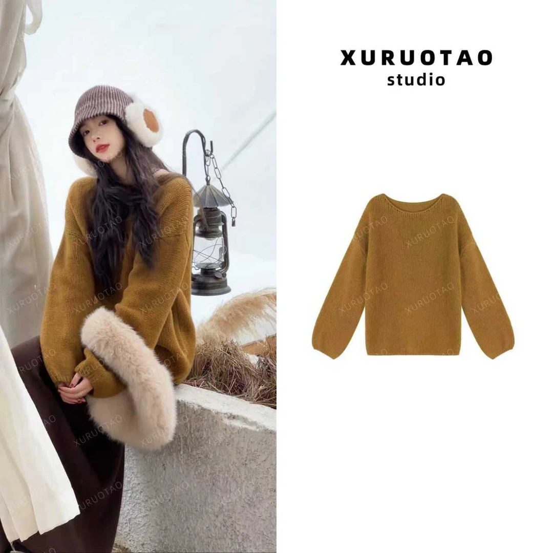 XURUOTAO【复古南瓜毛衣】100羊毛镂空设计显瘦橘黄色上衣 T5802