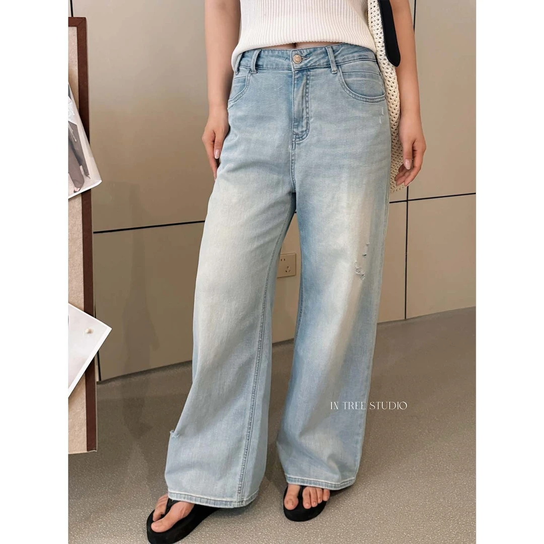 In Tree张桶桶【买手牛仔】破洞休闲浅蓝牛仔裤水洗百搭直筒 ST9243
