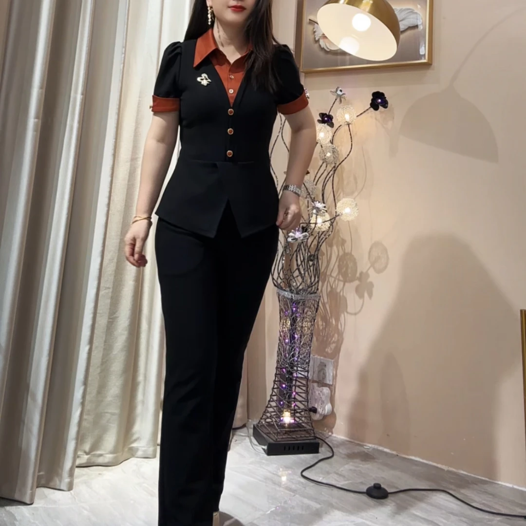 【俊端推荐】2025春秋新款时尚洋气修身气质弹力两件套套装裤子