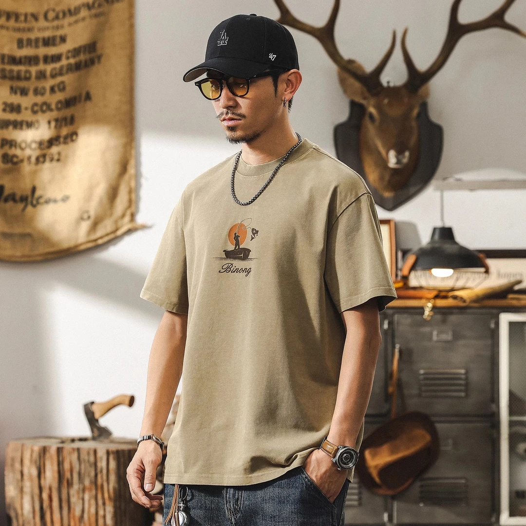 美式重磅短袖t恤男夏季潮牌复古水洗卡其色宽松大码男装上衣体恤