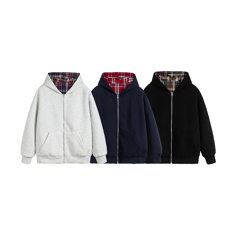 双面穿格子运动春秋潮流时尚宽松连帽拼接四季通用卫衣带帽W1358
