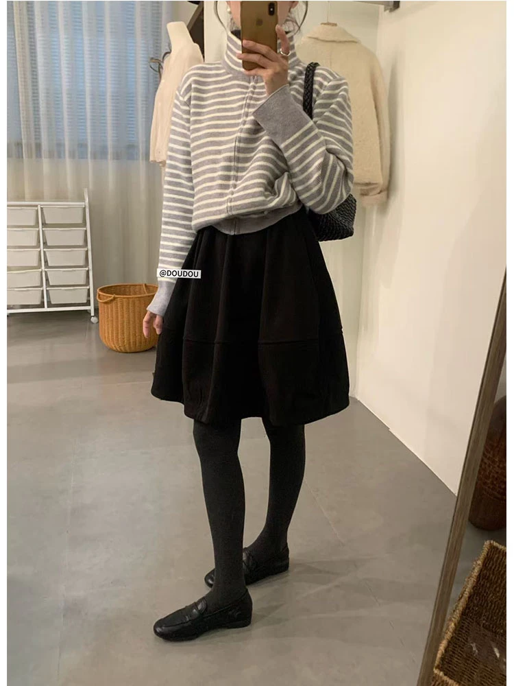 1027秋冬新款休闲毛呢花苞短裙子女高腰百搭显瘦a字半身裙蓬蓬裙