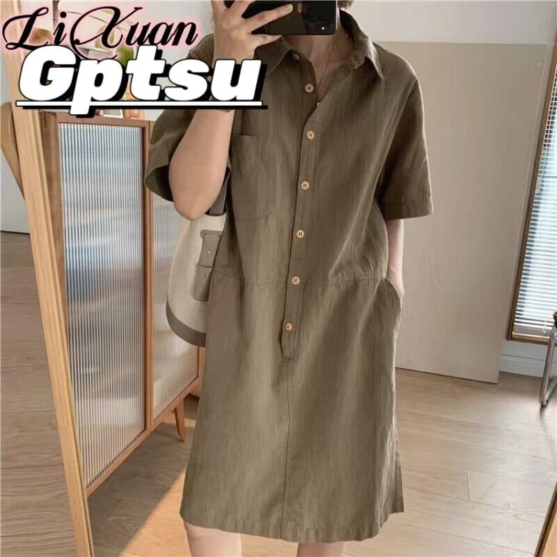 GPTSu夏季薄款短袖时尚连衣裙女宽松气质翻领简约小个子中长时尚