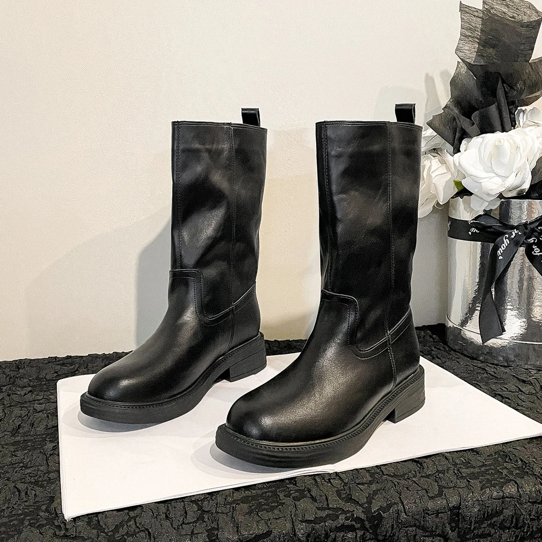 水洗软皮~粗跟厚底中筒靴女复古风褶皱堆堆靴圆头宽筒软皮西部靴
