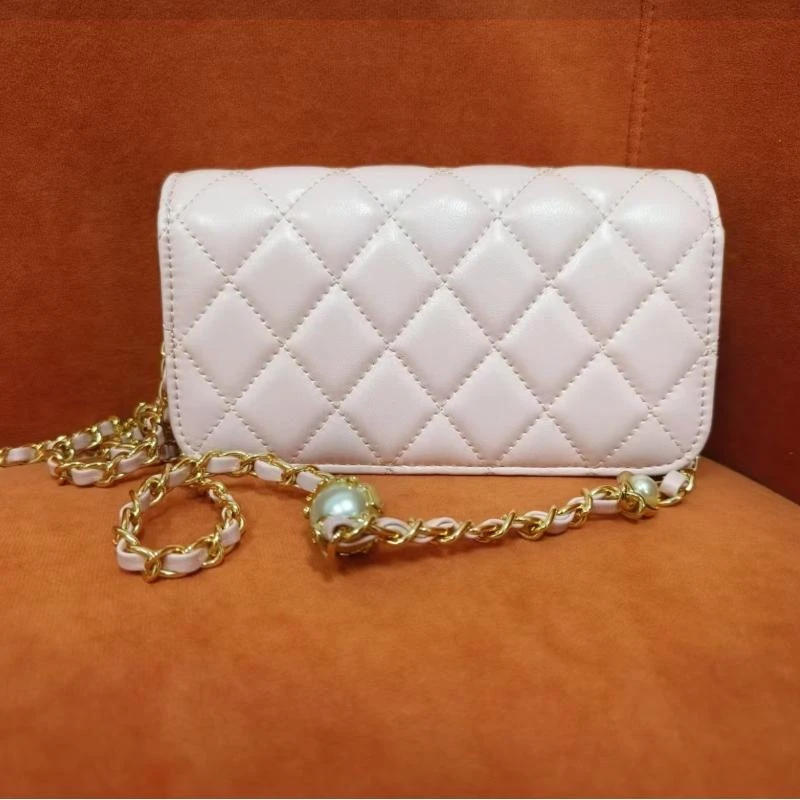 时尚潮流真皮新款女包斜跨包手提包钱包 0477 粉色17cm大珠链条