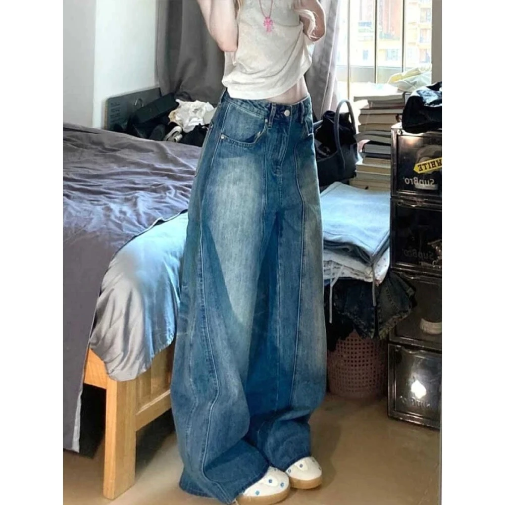 美式复古水洗解构感弯刀牛仔裤女春季高腰显瘦宽松垂感拖地长裤子