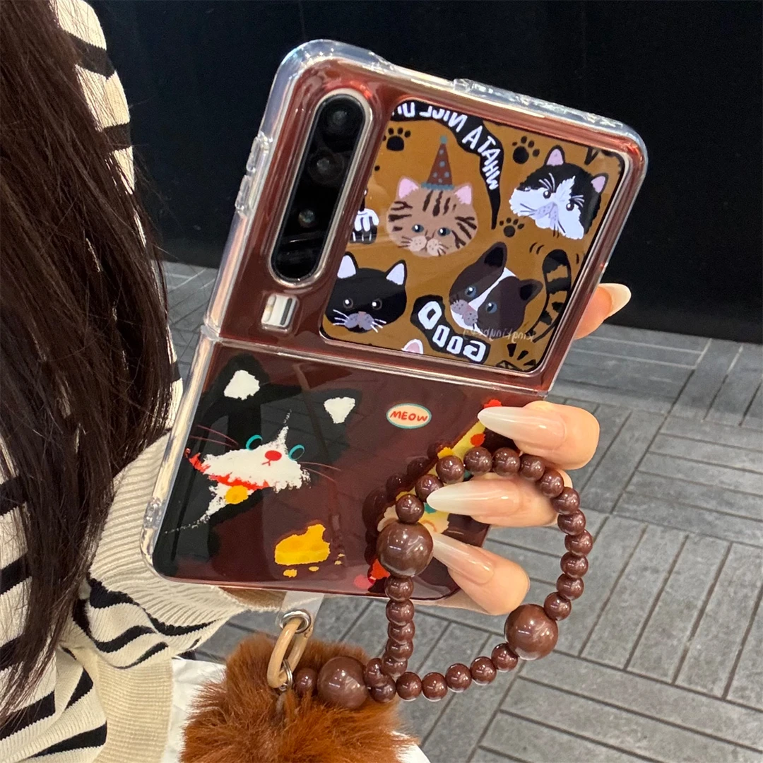 适用华为purax折叠屏手机壳黑棕色pocket2锡纸纹猫咪奶酪老鼠链条