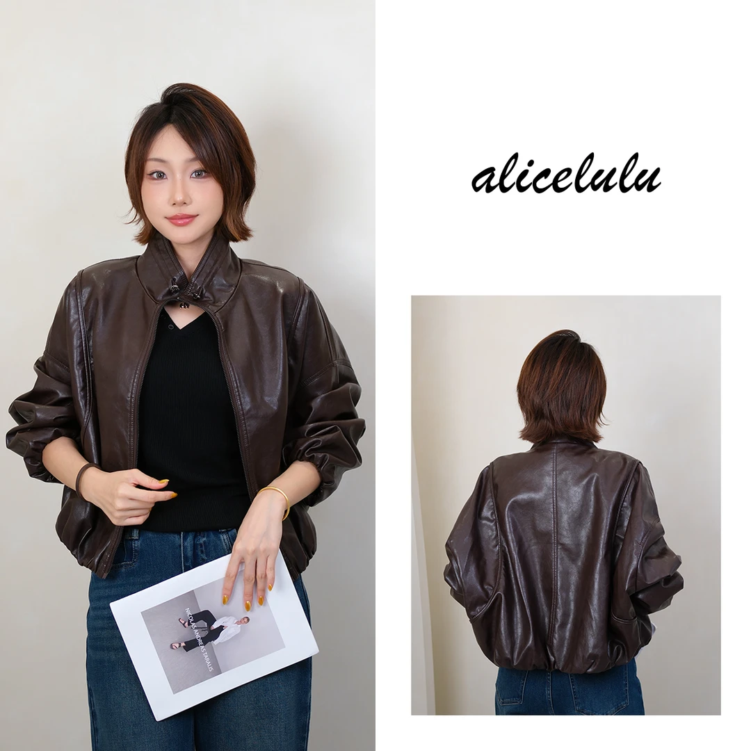 [alicelulu]时尚潮款抽褶光泽立领休闲皮衣外套S2144082Ur