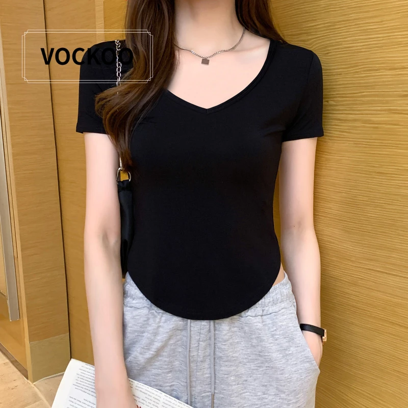 VOCKOO黑色莫代尔v领短袖t恤女2025夏季新款设计感紧身露脐不规则