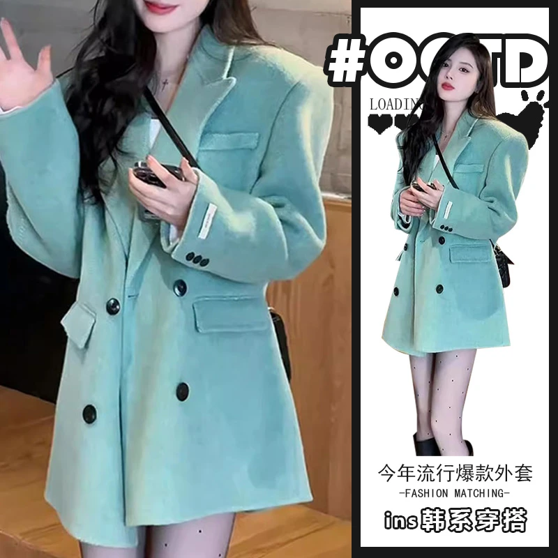 时尚气质中长款西装外套女小个子气质绿色宽松洋气减龄毛呢大衣潮