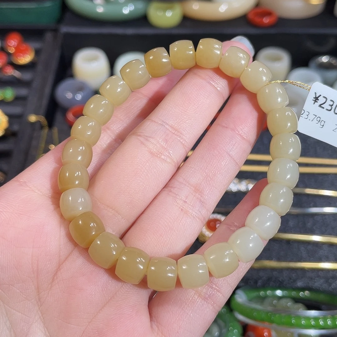 和田玉（糖玉）未镶嵌手串卡7*8 金糖直切老型手串
