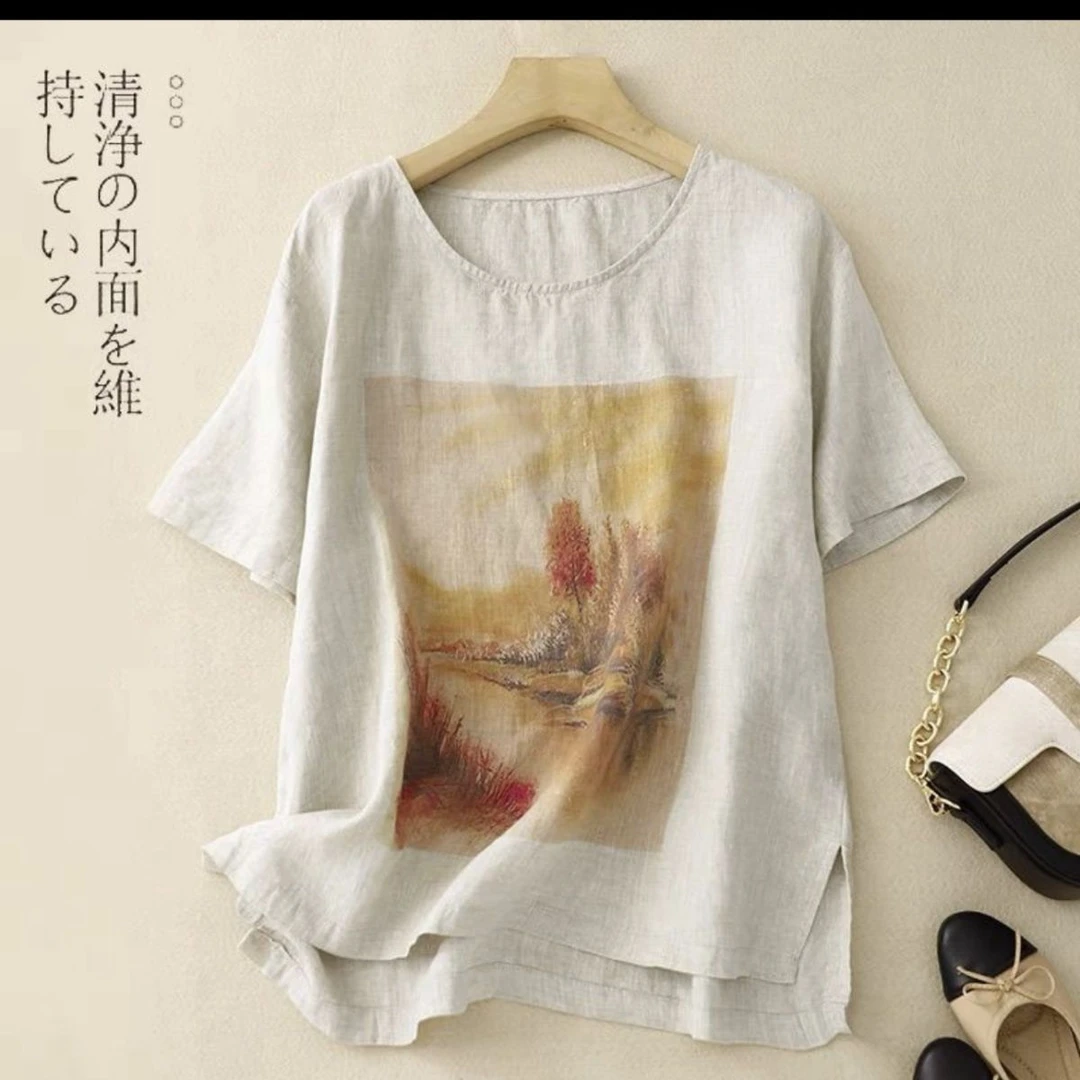 【现货+运费险】印花棉麻圆领薄款短袖大码T恤显瘦上衣棉麻小衫Y45