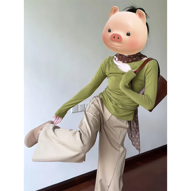 不对称圆珠设计感棉长袖T恤挖空上衣卡其色休闲阔腿裤拖地裤子女