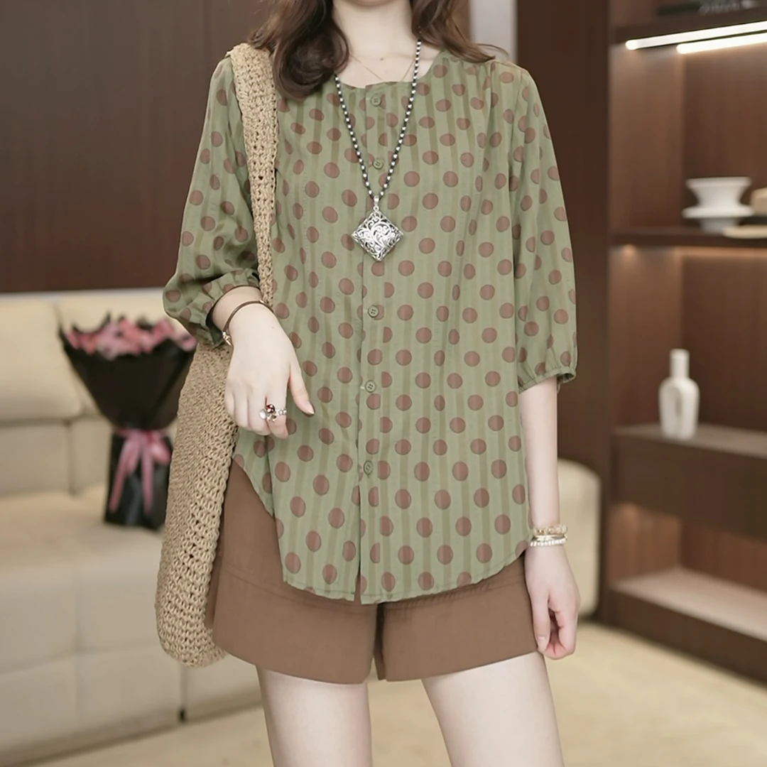 今年流行漂亮绿色波点衬衫女夏高级轻奢减龄洋气重要场合小衫3155