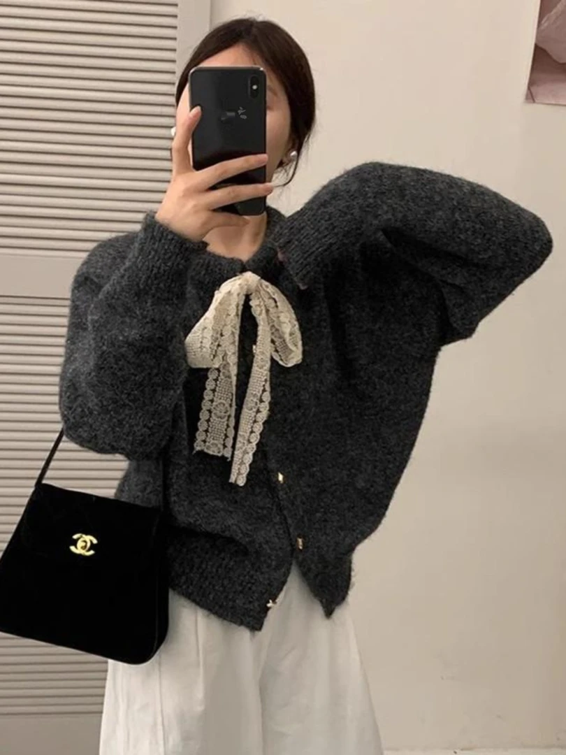 韩系蝴蝶结系带圆领长袖针织衫开衫超好看女2025秋冬宽松短款毛衣