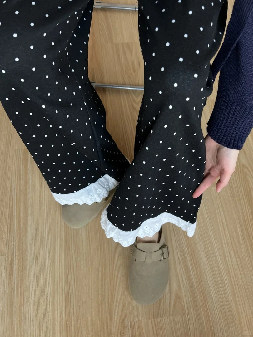 2025新款蕾丝波点加绒九分休闲阔腿裤女韩版显瘦显腿长韩气十足
