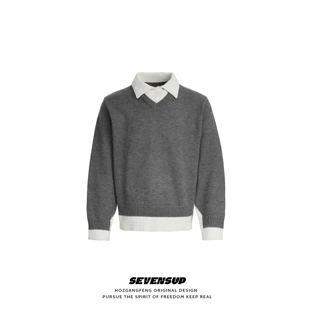 SEVP老钱风复古拼色假两件polo领毛衣cleanfit翻领针织衫上衣男女