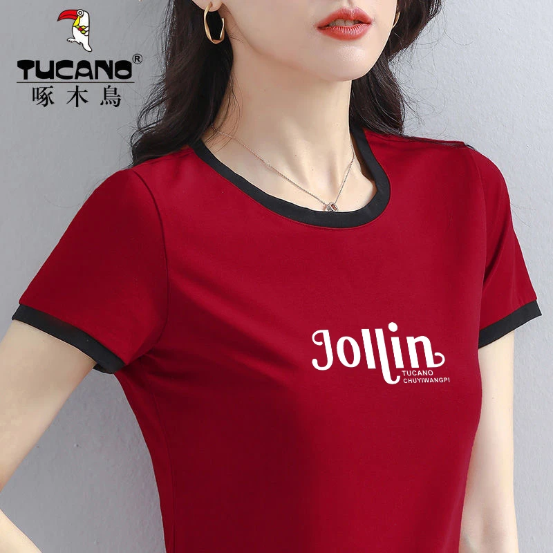啄木鸟品牌2025年夏季新款t恤女时尚拼色短袖打底修身设计感上衣