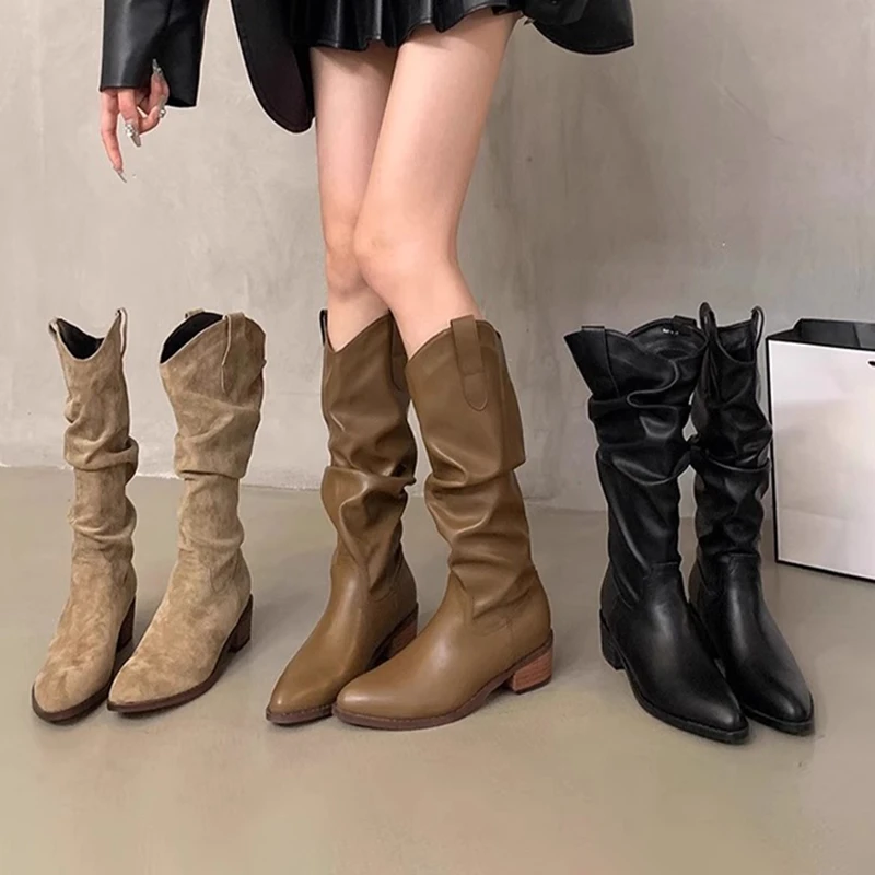 羊皮版~马丁靴女款法式棕色真皮2025爆款网红不过膝圆头长筒靴子