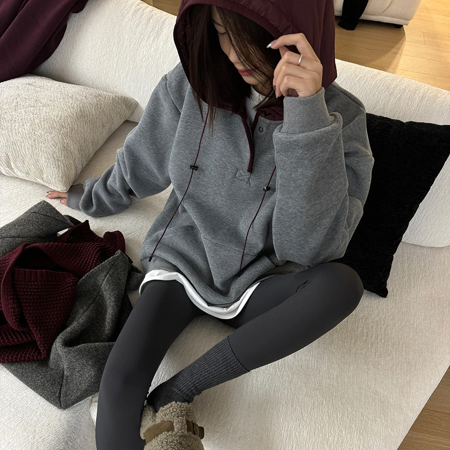 黎诺韩版高级感轻奢连帽卫衣女2024秋冬新款加绒加厚撞色长袖上衣