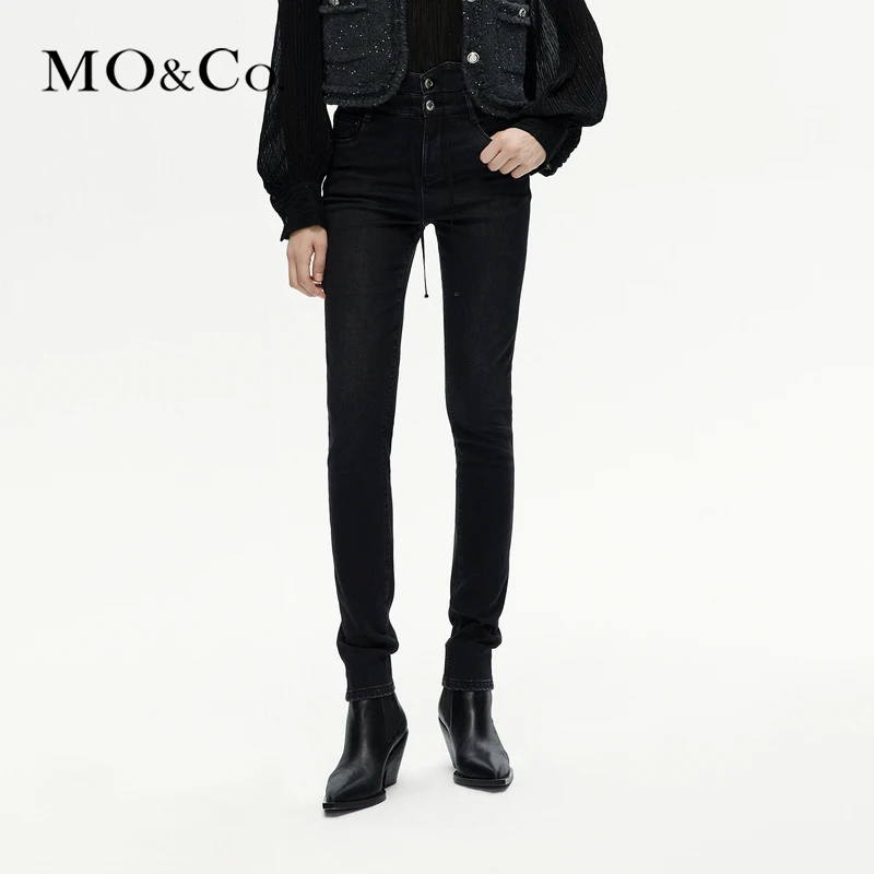 【诗语专属】MOCO冬腰封式高腰修身小脚裤摇滚牛仔裤MBC4JEN027