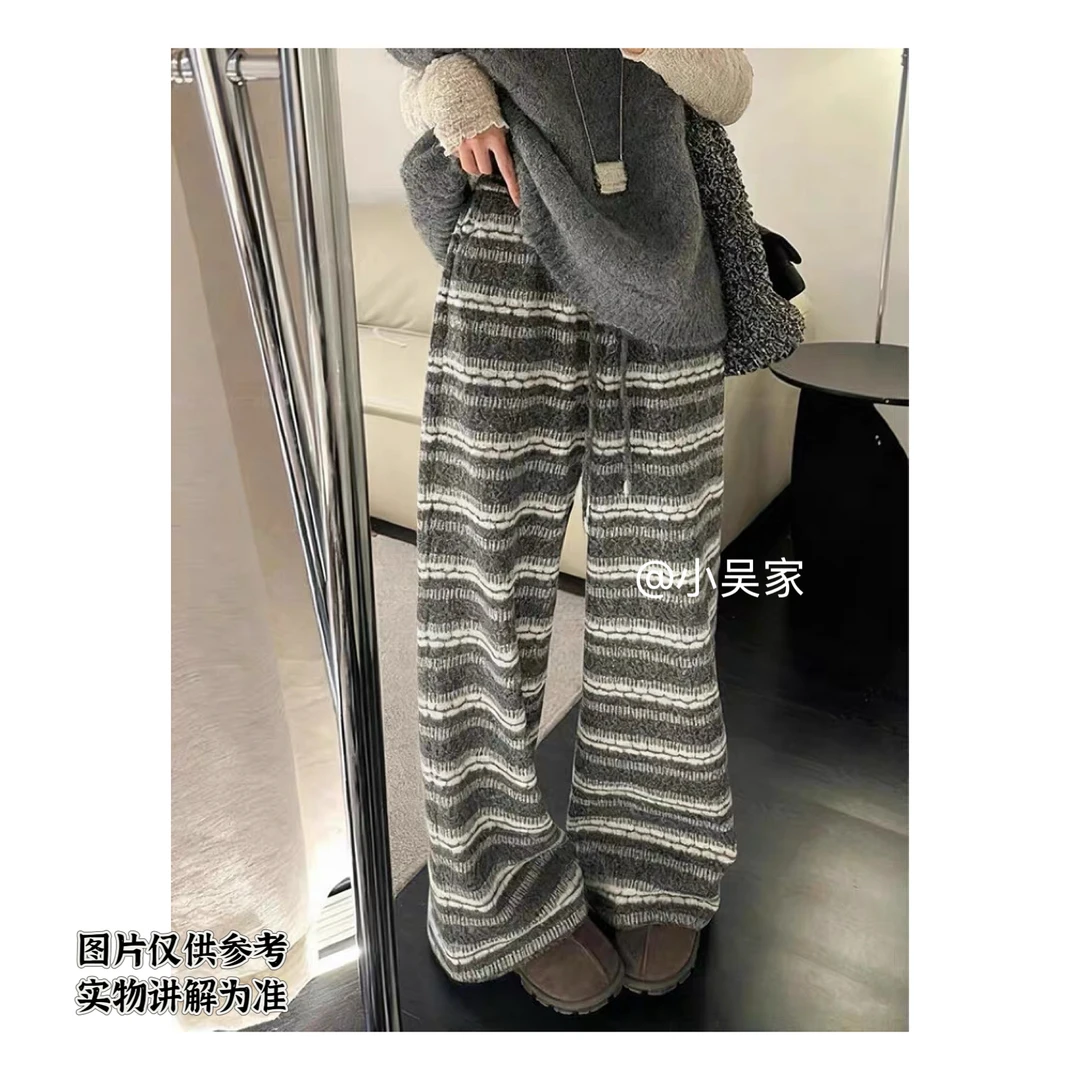 「小吴家」复古感慵懒风百搭条纹休闲裤高腰显瘦抽绳阔腿长裤