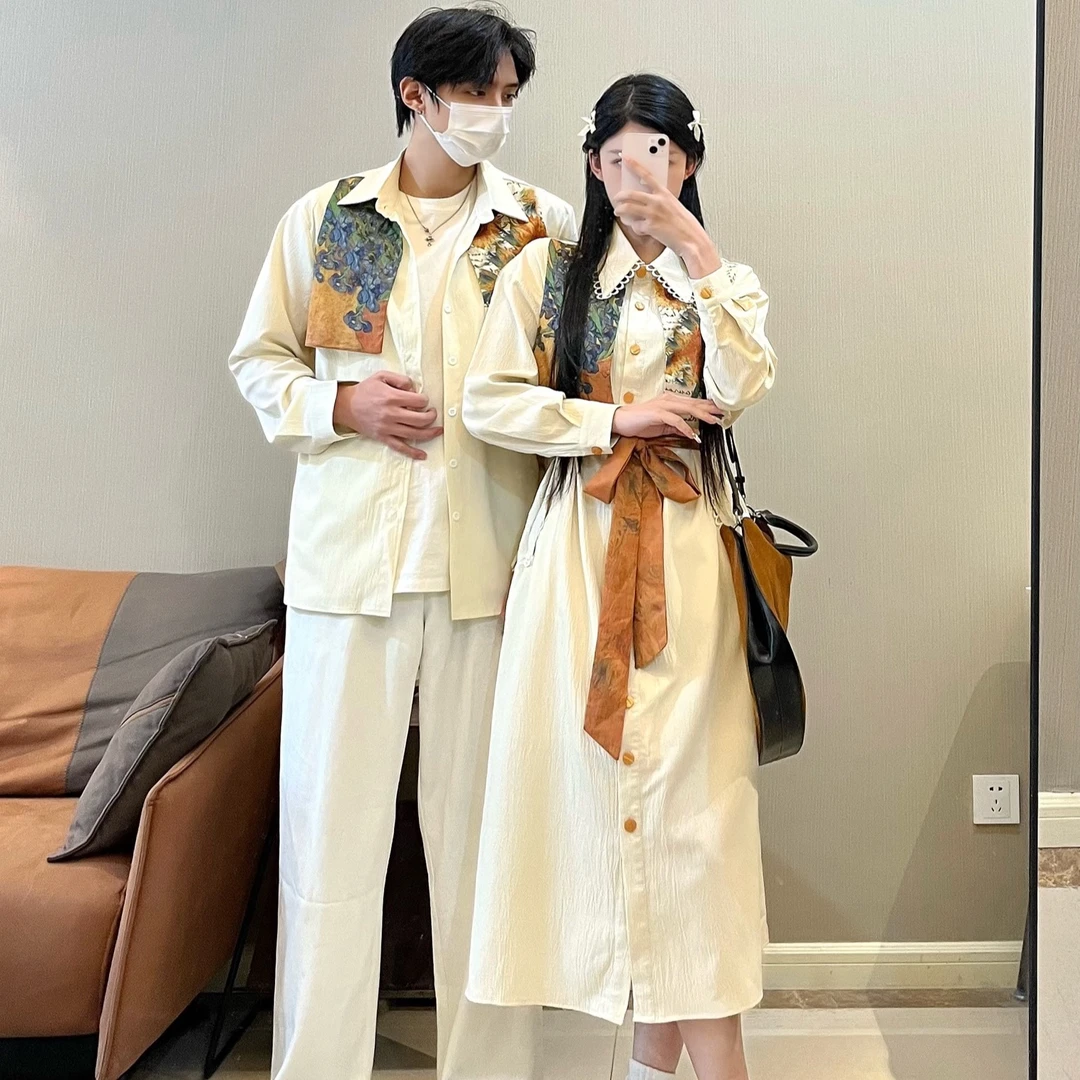 情侣装2025早秋新款一裙一衣法式气质韩版复古女连衣裙男长袖衬衫