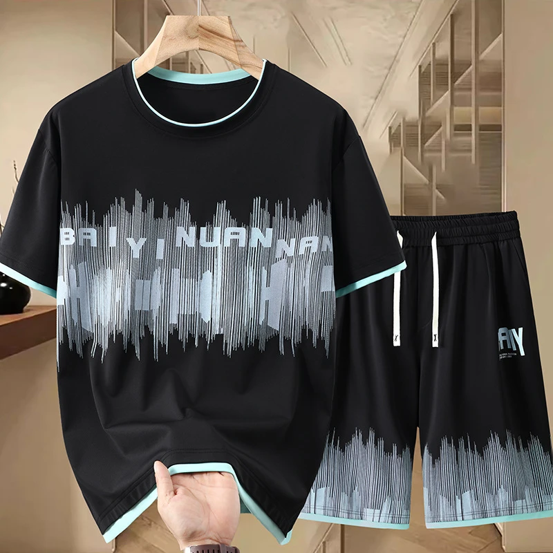 胖飞飞加大特大码胖哥假两件潮流圆领印花薄款夏装休闲运动套装