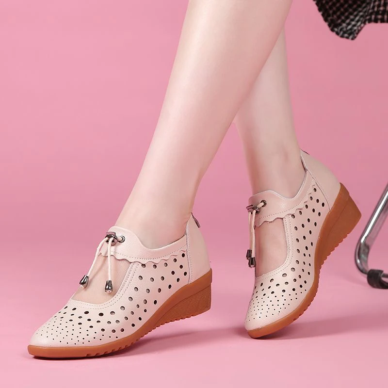 夏季新款凉鞋网纱镂空鞋中年广场舞真软皮妈妈鞋夏天凉鞋女