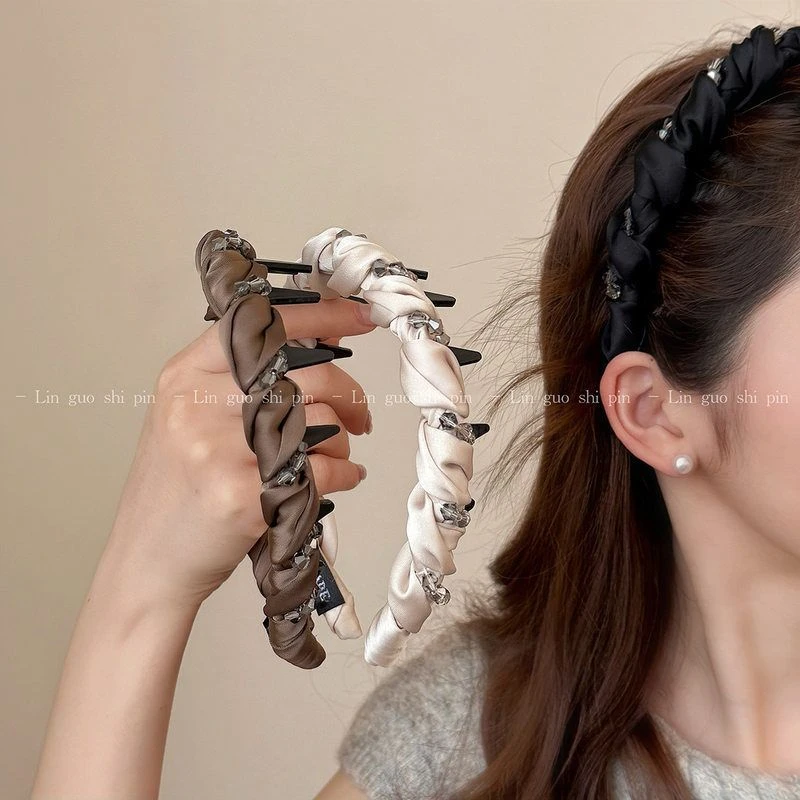 ins小饰品带齿防滑缠绕头箍抓夹小发夹轻奢感镶钻链条发箍洗脸高