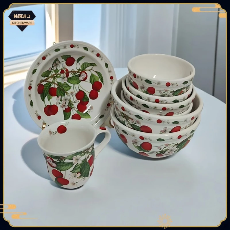 韩国进口-车厘子小樱桃陶瓷碗，盘，杯子，筷子筒 捣蒜 韩式早餐盘