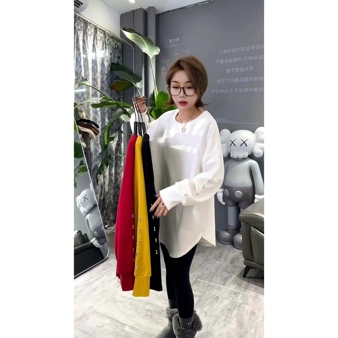 插肩袖重工柳钉设计感卫衣时尚慵懒风宽松中长款卫衣