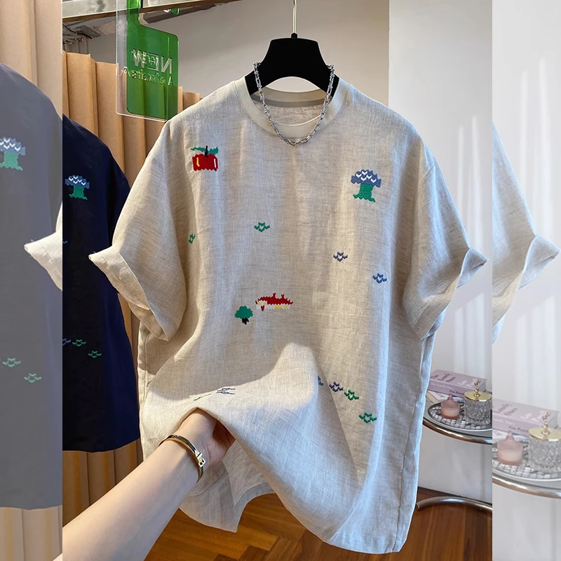 夏季小众设计极简风卡通刺绣房屋百搭大码短袖宽松显瘦个性女T恤
