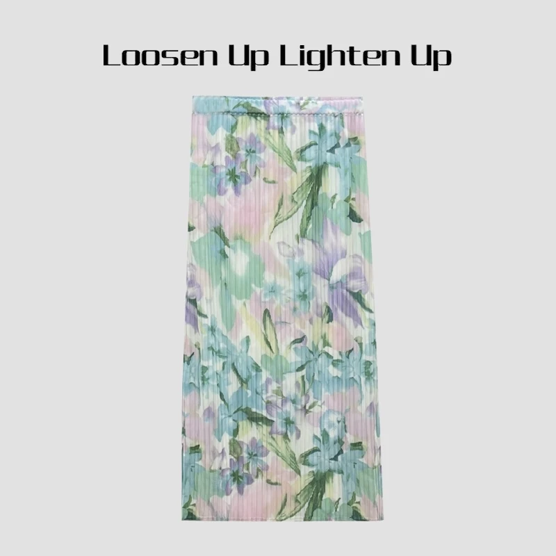 Loosen Up【三宅印花半裙】重工艺术印花褶皱感直筒开衩显瘦半身裙