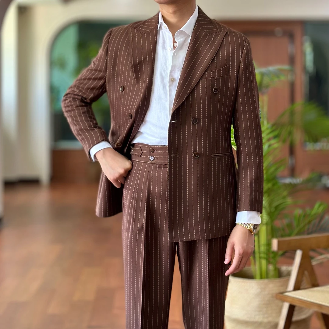 复古意式咖啡色双排扣西服套装时尚条纹商务休闲正装男士外套