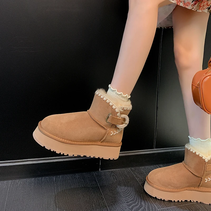 【勾花松糕】厚底羊皮毛一体勾花雪地靴女短筒羊毛加厚保暖增高