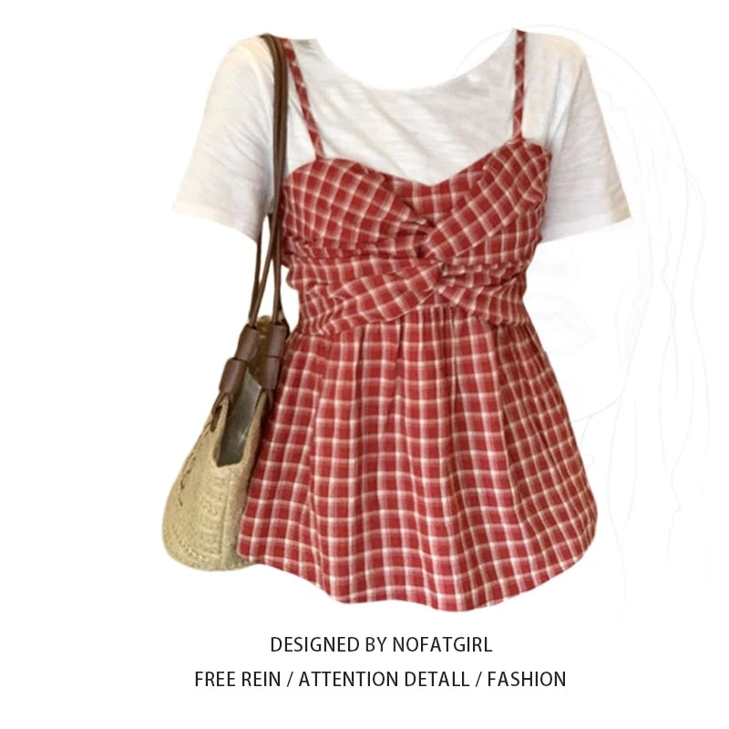 大码胖mm拼接设计感假两件短袖T恤夏季韩版显瘦绑带格子吊带上衣