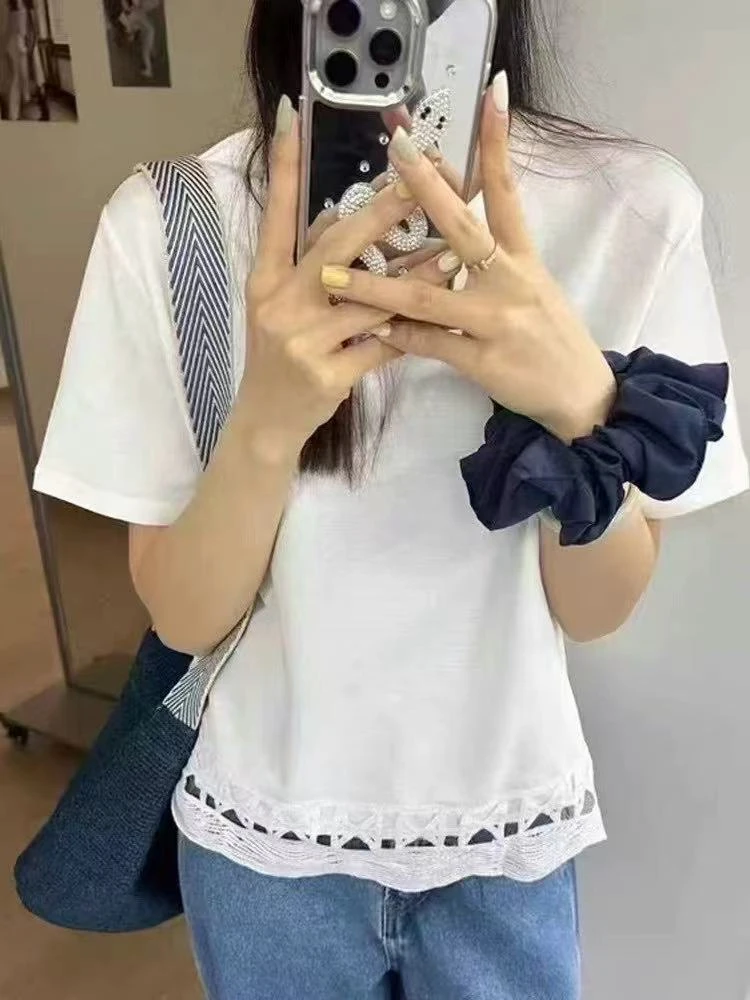 春季蕾丝拼接打底T恤简约百搭时尚2535