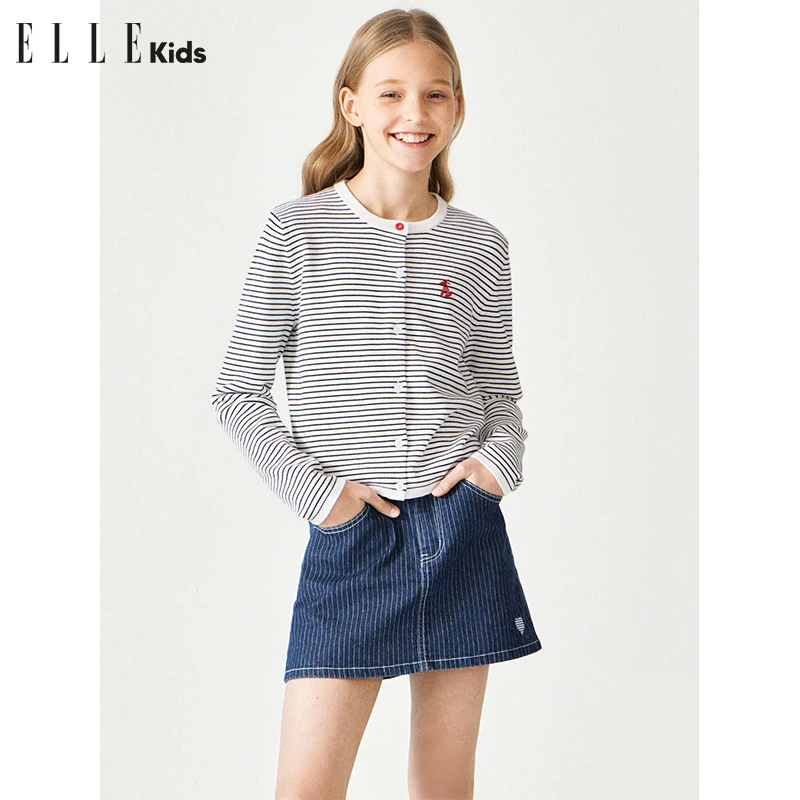 ELLE KIDS复古黑白条刺绣针织开衫女童装春季圆领排扣休闲毛衣S1