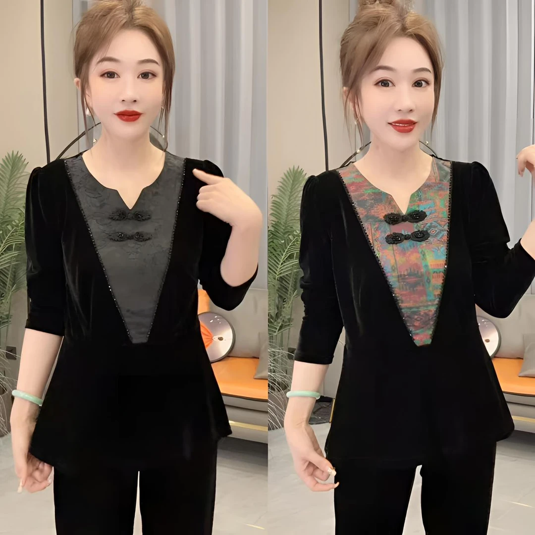 洋气百搭气质丝绒国风串珠显瘦衫1969#