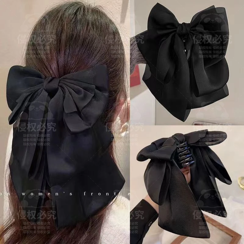 新款网红气质百搭蝴蝶结抓夹马尾夹发卡发夹缎面法式花朵短发发饰
