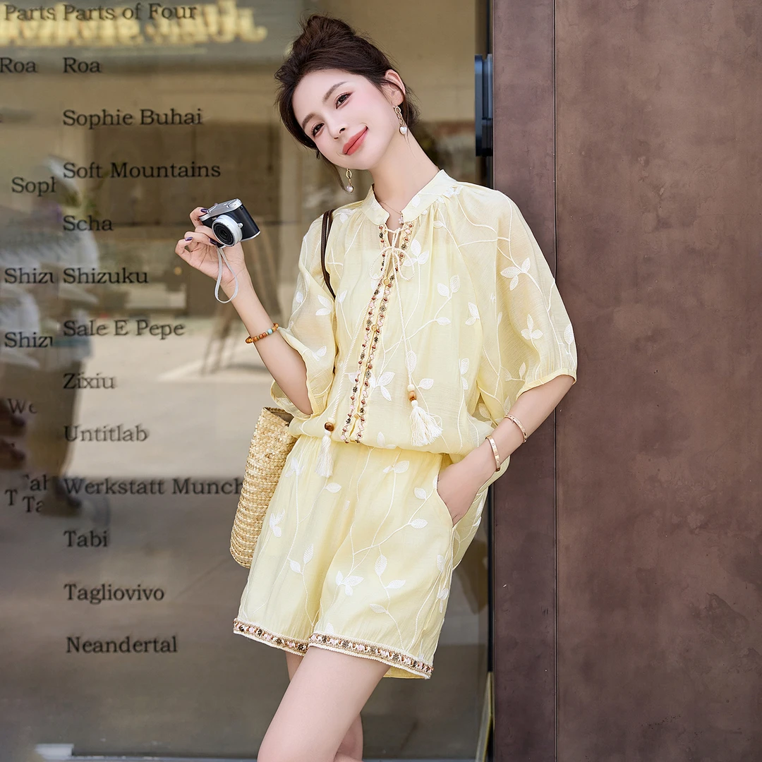 主推现货新中式刺绣短裤套装女夏季时尚洋气休闲新款小个子两件套