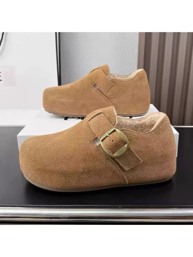 【高端女鞋】勃肯鞋女冬新款百搭磨砂软底懒人鞋加绒加厚面包鞋女