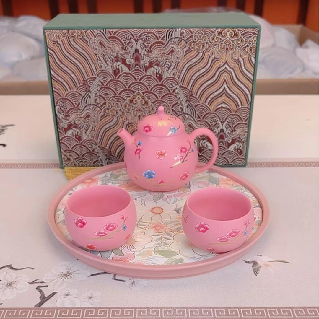 链接雷丰华梅开五福葫芦粉泥紫砂壶+两杯+茶盘A0776